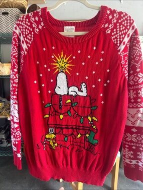 Peanuts Red Christmas Crewneck Sweater with Snoopy & Woodstock
